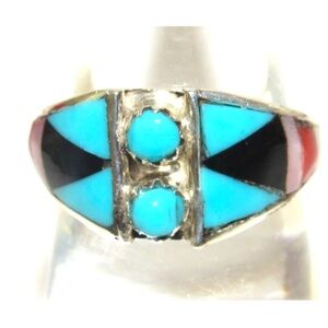Vintage Zuni Inlay Ring Size 6 Snake Eye Turquoise Coral Jet Sterling Silver